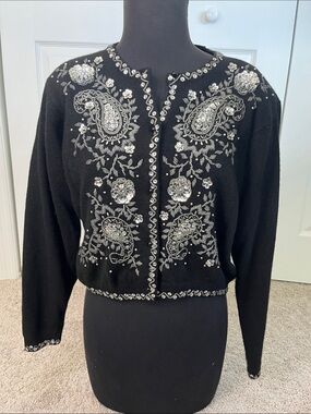 Vintage Y2K Express Tricot Black Wool Angora Beaded Silver Sequins Cardigan S